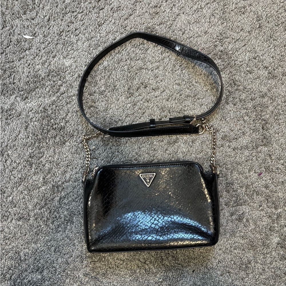 GUESS Black Patent Crossbody Bag with Chain Strap